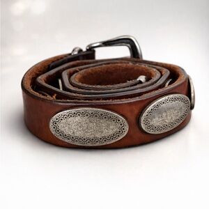 Cabachon vintage leather Brown Belt with Silver Accents